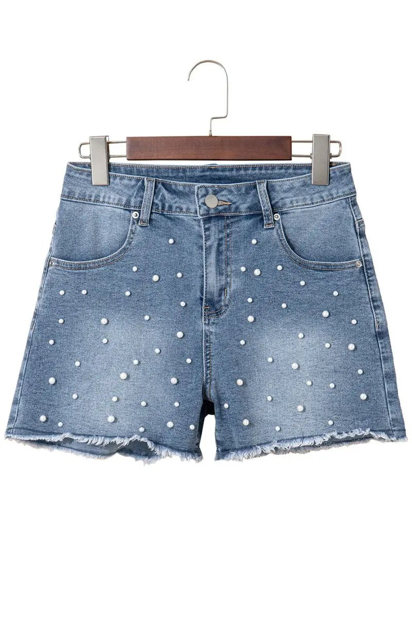 Dusk Blue Pearl Beaded Raw Hem Medium Wash Denim Shorts - Love Salve